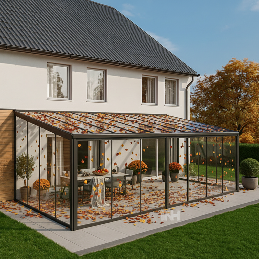 Herbstliche Glasschiebewand mit NH Logo