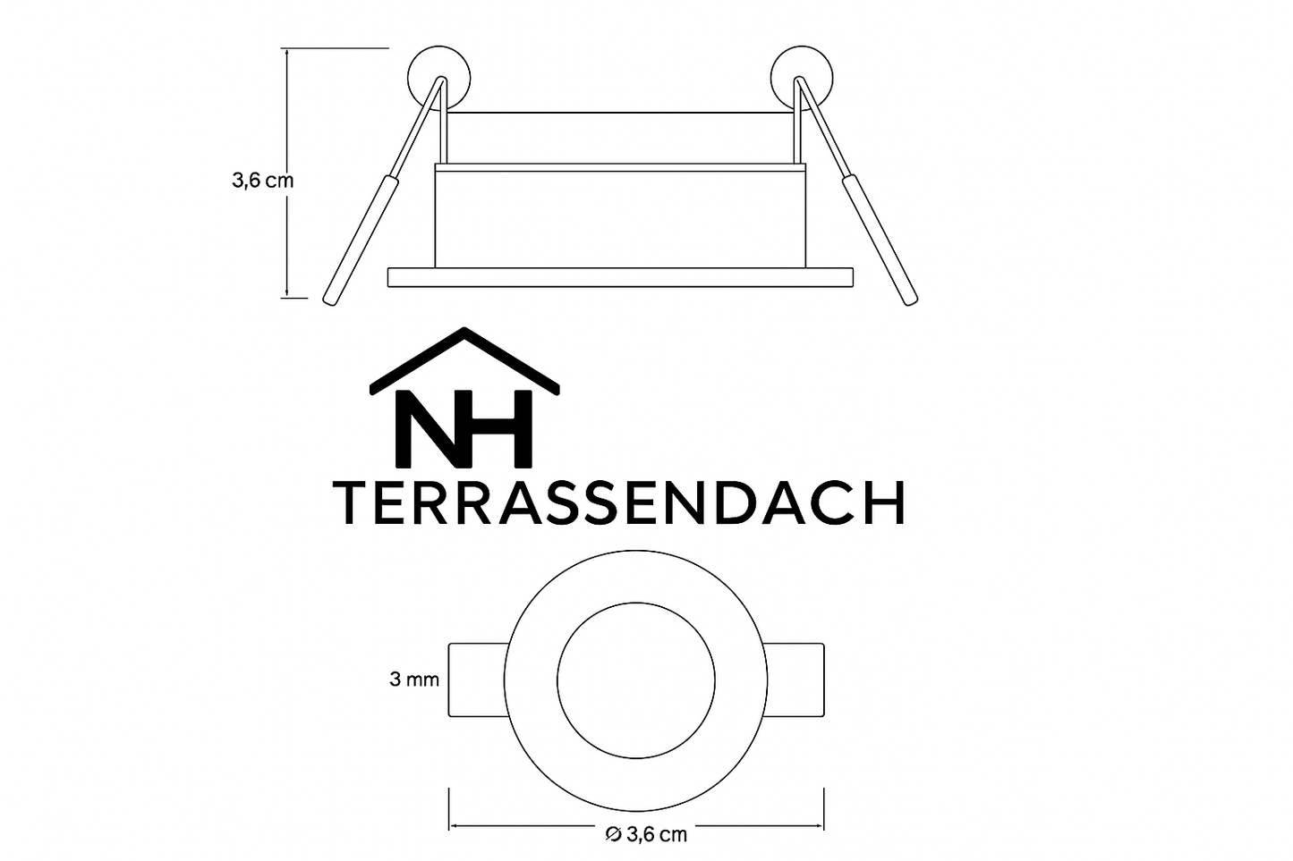 Technische Zeichnung LED-Spot mit Maßen und NH Logo
