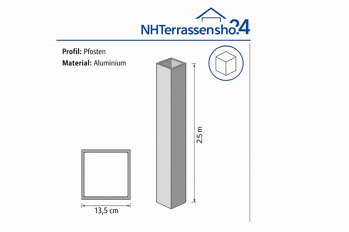 Technische Zeichnung Pfosten - korrekte Maße 13,5 x 13,5 cm