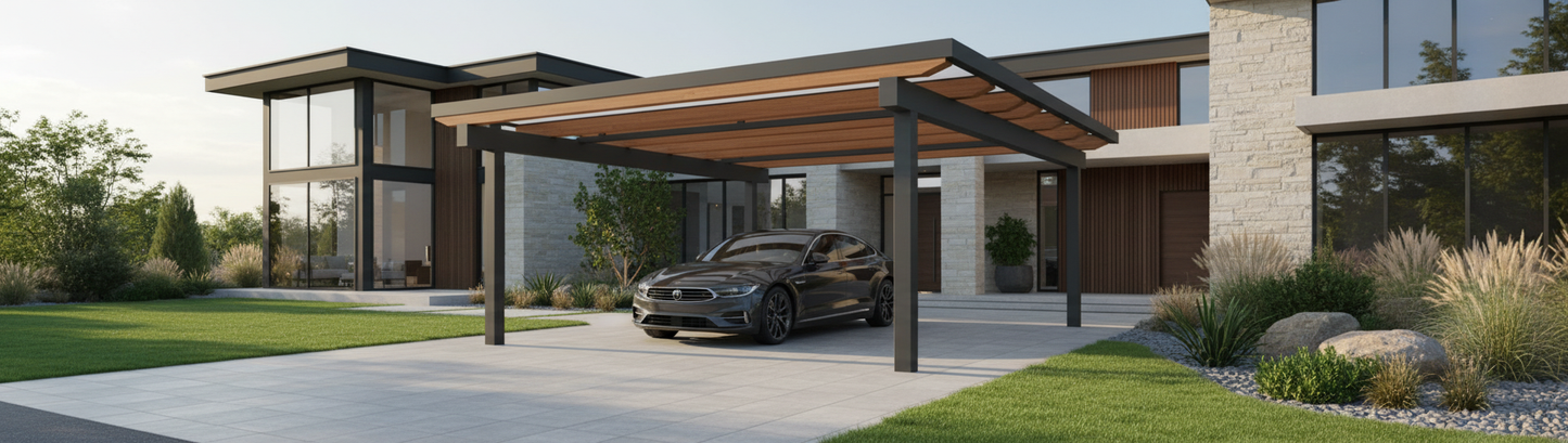 Carport Holz-Metall mit realistischem Hintergrund