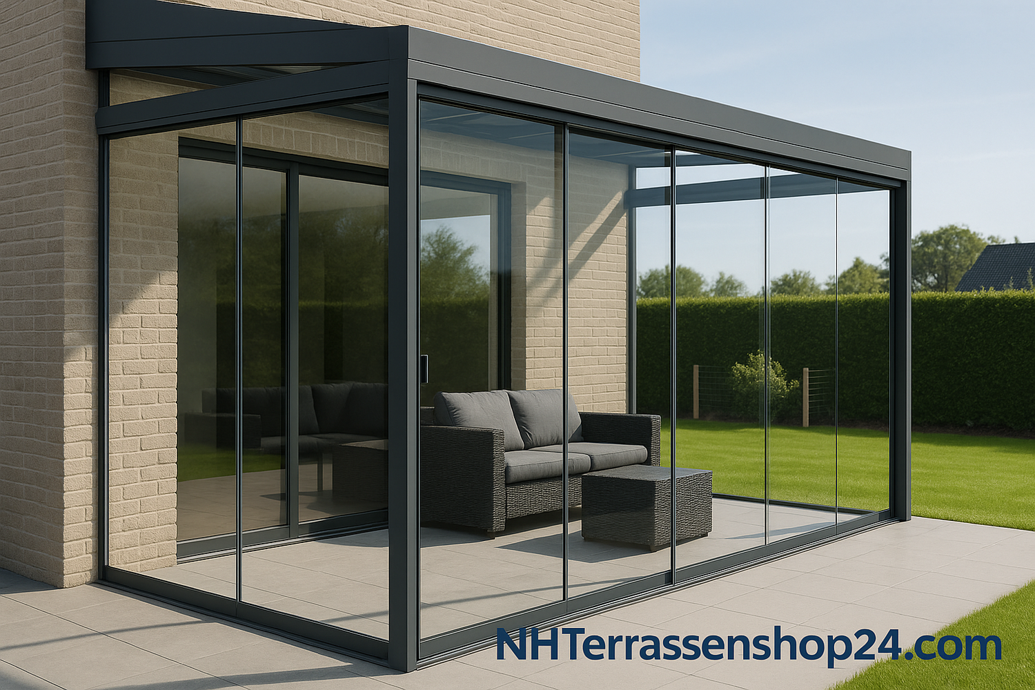 Rahmenlose Glas-Schiebeelemente für Terrassendach NHTerrassenshop24.com