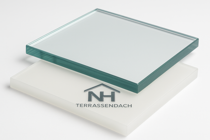 VSG Glas klar und opal mit NH Terrassendach Logo